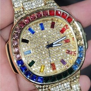 PINTIME 2548 Luxury Fully Ice out Men's Wristwatch Diamond Gold Round